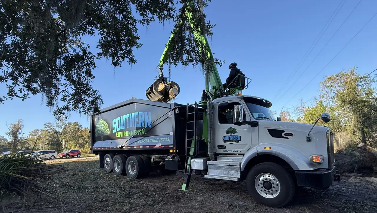 Southern Environmental Group grapple truck loading tree branches and debris in Tampa Bay