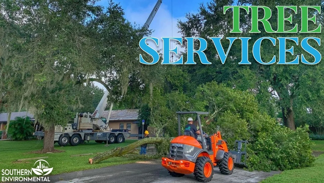 Heavy machinery including a crane and loader performing professional Hyde Park Tampa tree services to safely remove large branches from a residential property.