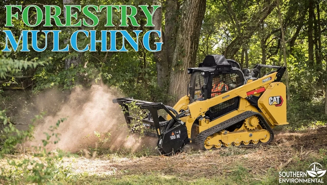 CAT track loader with a forestry mulcher clearing dense vegetation as part of Lakeland land clearing & tree services by Southern Environmental.