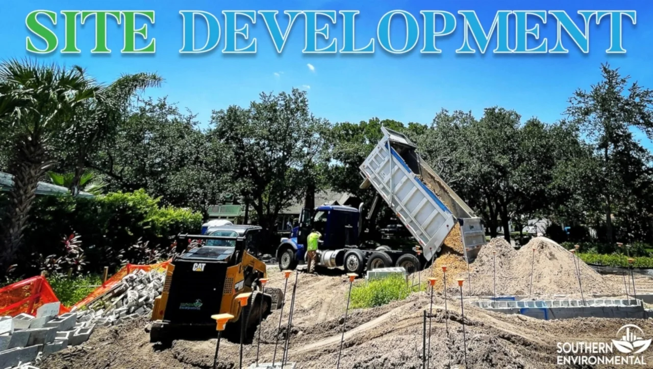 Southern Environmental dump truck unloading fill dirt on a construction site, demonstrating professional Lakeland land clearing & tree services and site development.